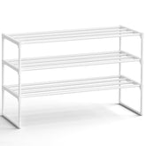 SONGMICS front view of 3-tier shoe rack showing organized shoes and space savings