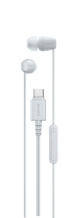 Sony IER-EX15C front view showing sleek white earbuds and USB-C plug for reliable audio