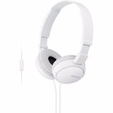 Sony front view of white MDR-ZX110AP showing compact profile and portability
