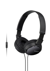 Sony MDR-ZX110AP front view showing compact black design and portability benefit