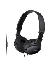 Sony MDR-ZX110AP front view showing compact black design and portability benefit