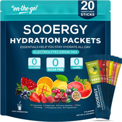 Sooergy front packaging showing 20 mixed-flavor electrolyte sticks and benefits