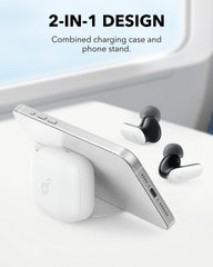 Soundcore P30i case open with phone on stand demonstrating hands-free viewing benefit
