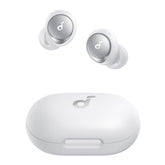 Soundcore Space A40 front view showing earbuds and compact benefits
