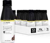 Soylent bottle front packaging showing cafe mocha and benefits