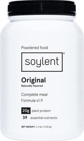 Soylent front packaging showing tub and label, highlighting convenience