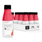 Soylent bottle front packaging showing strawberry flavor and benefits
