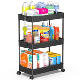 SPACEKEEPER front view of black 3-tier cart showing slim footprint and shelves for space-saving storage