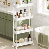 SPACEKEEPER front view of slim white cart showing four tiers and compact footprint for space saving