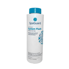 SpaGuard System Flush 24oz bottle front label showing cleaner and instructions for efficient plumbing cleaning
