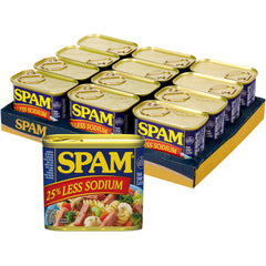 SPAM 25% Less Sodium front pack showing twelve cans for convenient pantry stocking