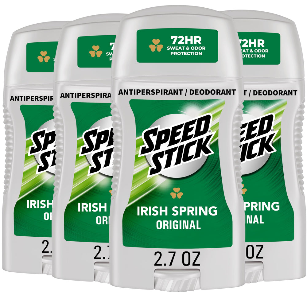 Speed Stick front packaging showing Irish Spring scent and four-pack convenience
