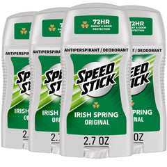 Speed Stick front packaging showing Irish Spring scent and four-pack convenience