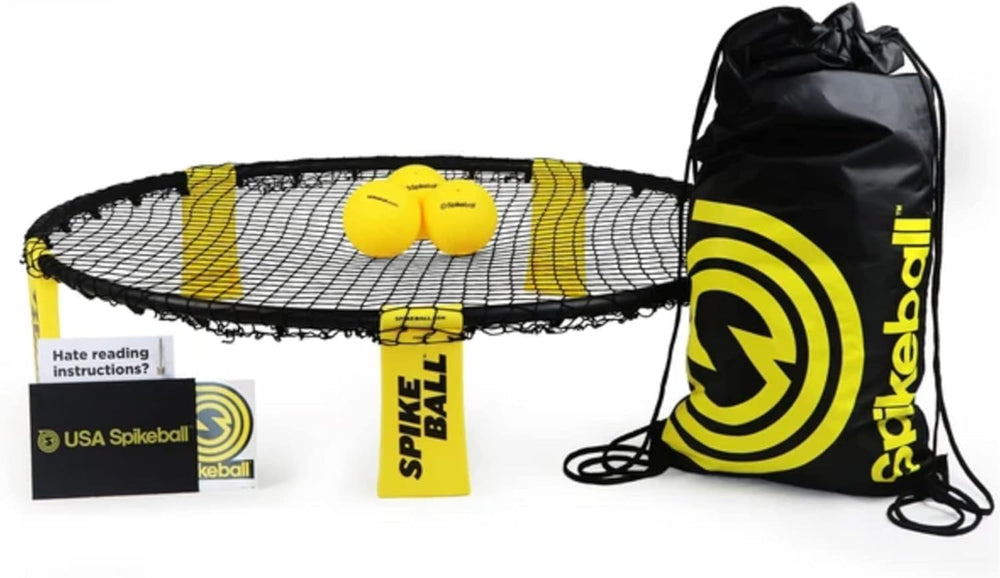 Spikeball front view showing net and frame, Spikeball portable setup benefit