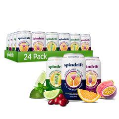 Spindrift mocktail pack front view showing colorful cans and packaging benefit refreshment