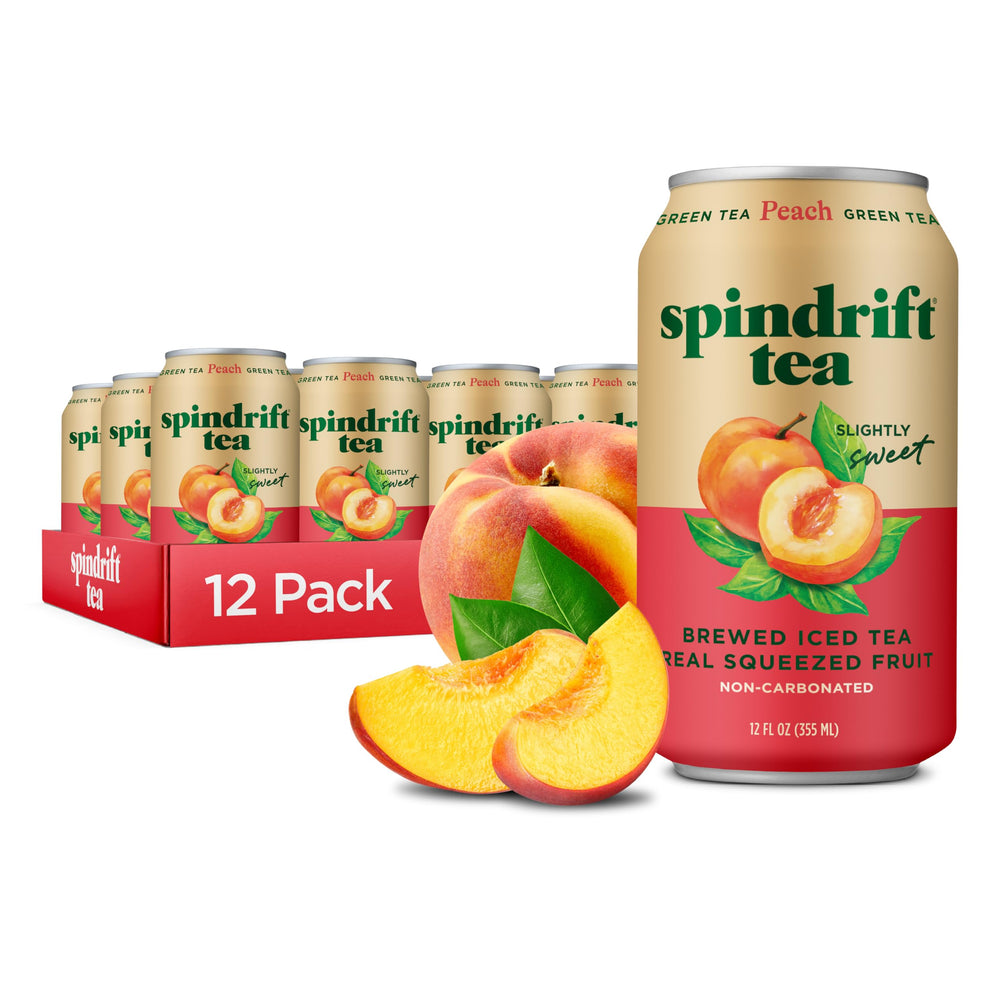 Spindrift can front view showing peach green tea and brand freshness