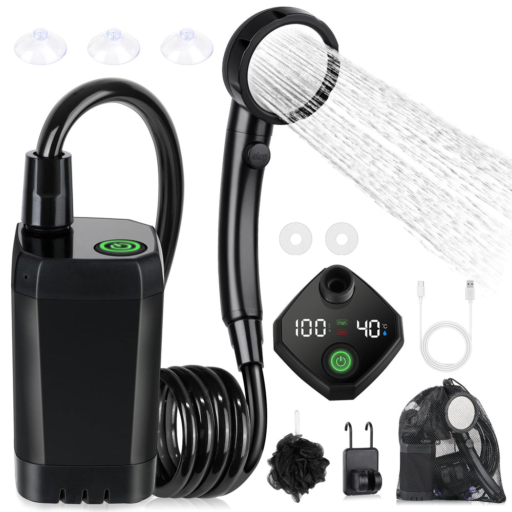Spopal portable shower front view showing compact body and handheld head benefit: easy transport