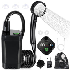 Spopal portable shower front view showing compact body and handheld head benefit: easy transport