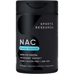 Sports Research bottle front view showing label and 90 veggie caps benefit clear info