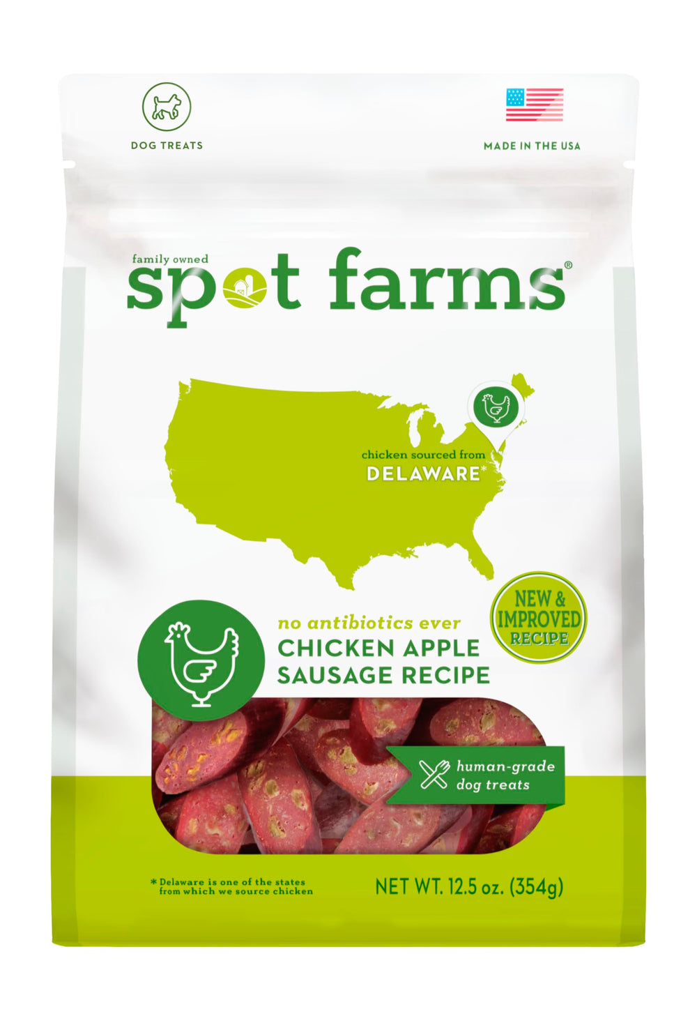 Spot Farms front packaging showing chicken apple sausage treats and clear branding benefit
