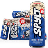 Spylt front can showing cookies & cream flavor and protein benefits