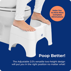 Squatty Potty side profile tucked under toilet bowl showing compact storage benefit