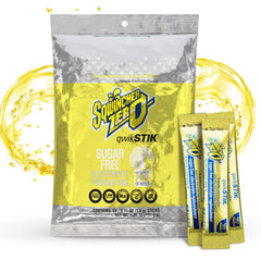 Sqwincher front view of 50-pack lemonade Qwik Stik showing branding and count, convenient