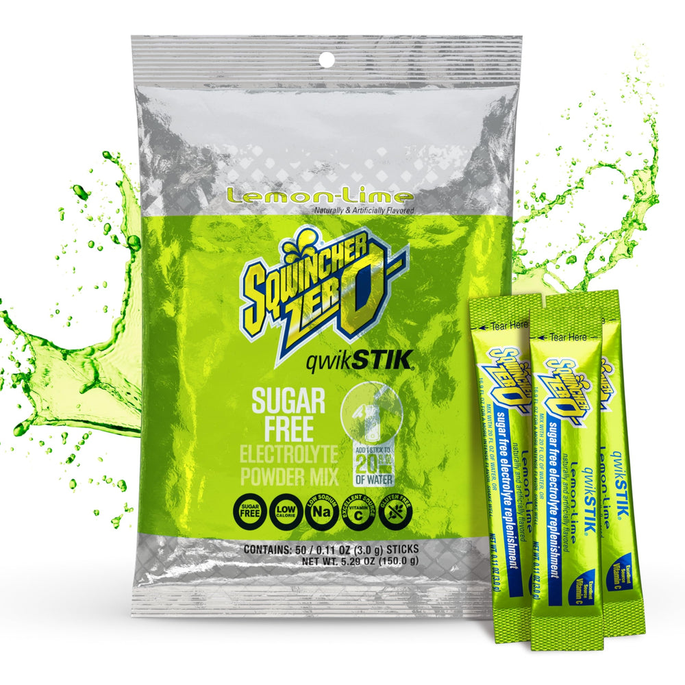 Sqwincher Qwik Stik front packet view showing 50-pack convenience and quick access