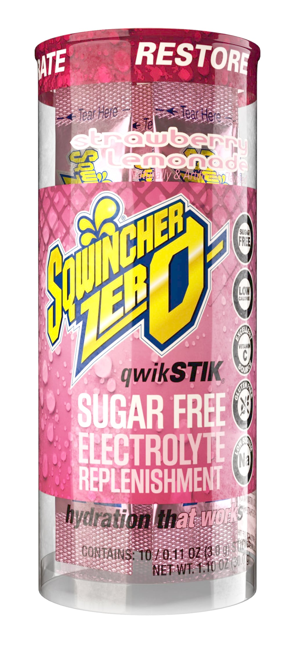 Sqwincher front packet showing strawberry lemonade flavor and single-serve convenience