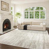 Srugn front view of 8x10 rug showing vintage beige design and cozy appeal