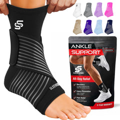 SS SLEEVE STARS front packaging showing black ankle brace and single medium size, clear fit benefit