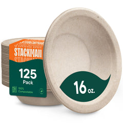 Stack Man front packaging showing 125-pack natural brown bowls and eco benefit
