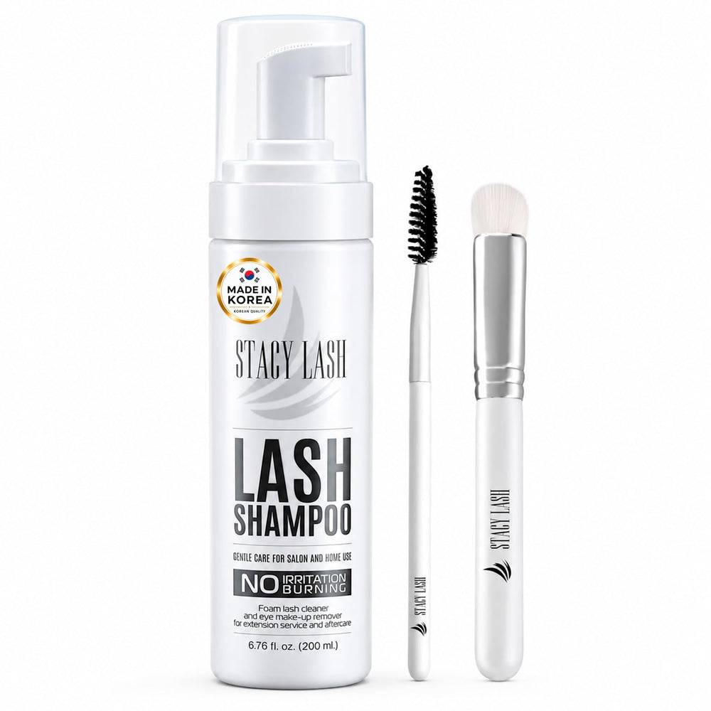STACY LASH front packaging showing bottle and included brush for gentle cleansing