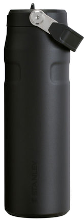 STANLEY IceFlow front view showing sleek black bottle and branding, durable hydration