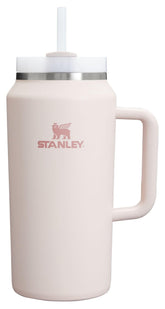 STANLEY front view of Quencher H2.0 Rose Quartz showing full tumbler and branding benefit: durable hydration