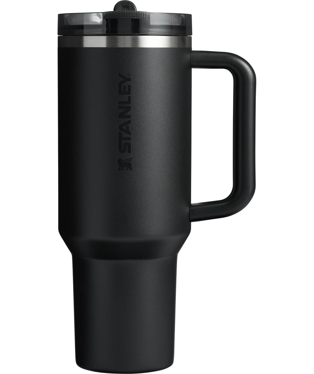 STANLEY front view of 40 oz black Quencher showing durable design and capacity
