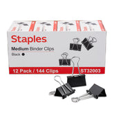 STAPLES front-packaging showing 144 black medium binder clips for bulk supply