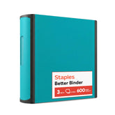 STAPLES teal binder front cover showing durable finish and professional look