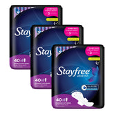 Stayfree front packaging showing product and benefits for overnight protection