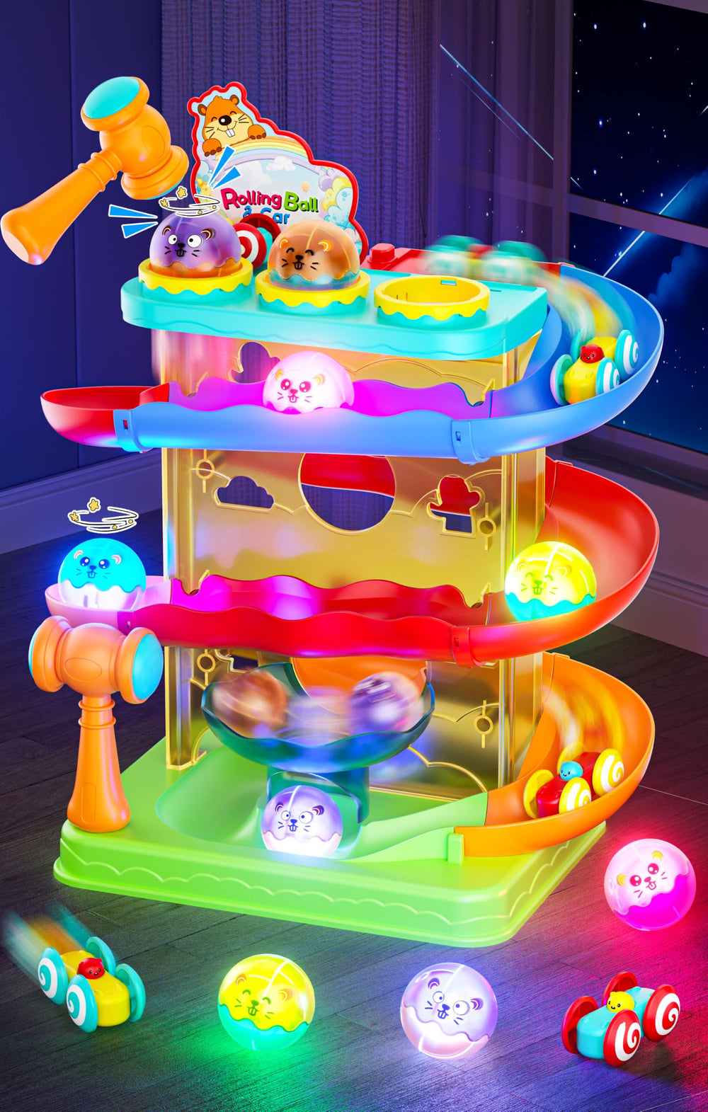 Stay Fun front view assembly showing tower and ramps, promotes interactive play