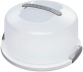 Sterilite cake server front view showing whole white carrier and secure appearance