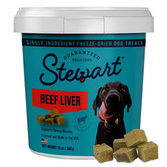 Stewart beef liver tub front view showing resealable container and benefits