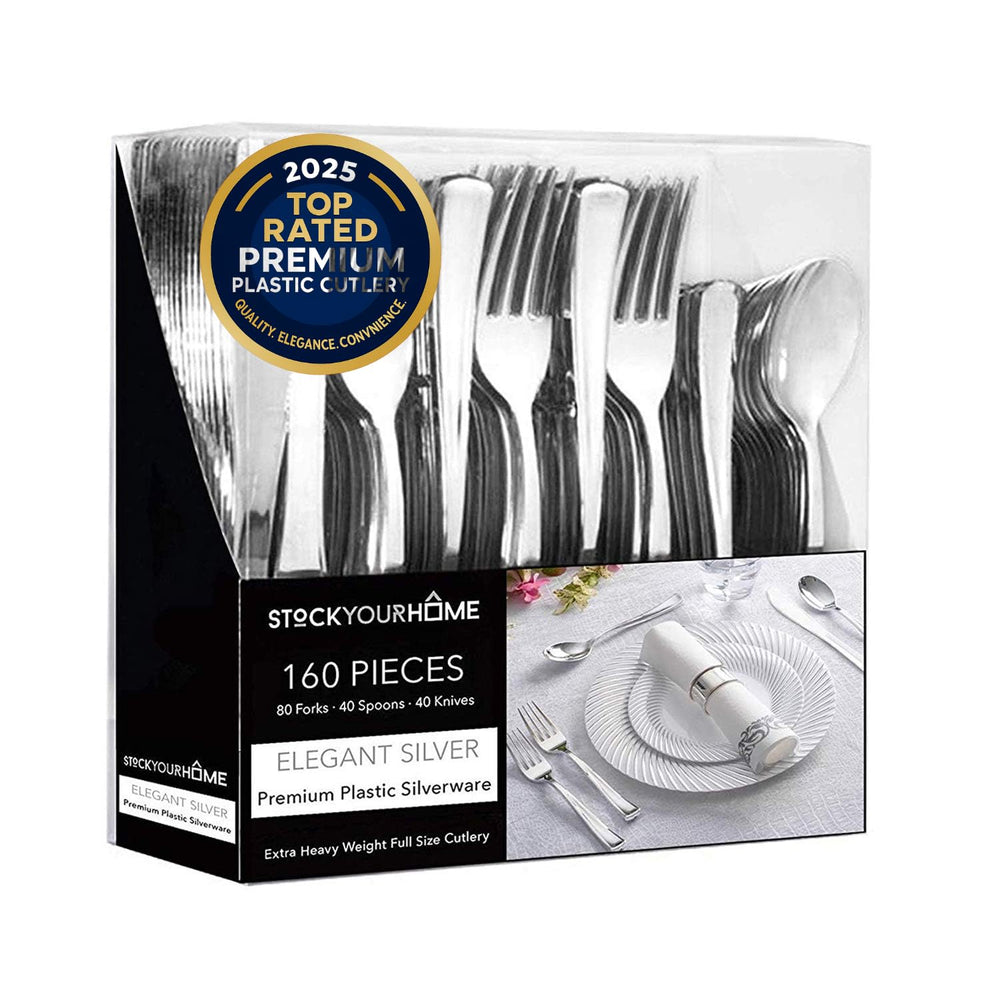 Stock Your Home front package showing 160-piece silver cutlery set and elegant presentation