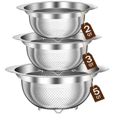 STOCKPOT colander set front view showing clean stainless finish and sizes