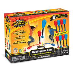 Stomp Rocket dueling launcher front view showing dual ports and benefit easy play
