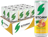 STORM Tropical front packaging showing 12-pack and tropical flavor benefits