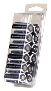 Streamlight front view of CR123A 12-pack showing batteries and brand for reliable power