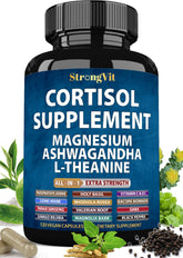 StrongVit front bottle view showing supplement benefits and calming design
