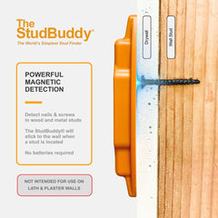 StudBuddy stuck to drywall at screw head indicating precise stud location