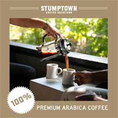 Stumptown closeup label detail highlighting origin and roast benefits